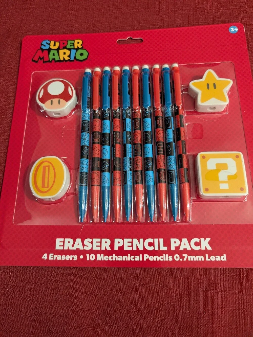 Nintendo Super Mario Red & Blue Eraser Pencil Pack